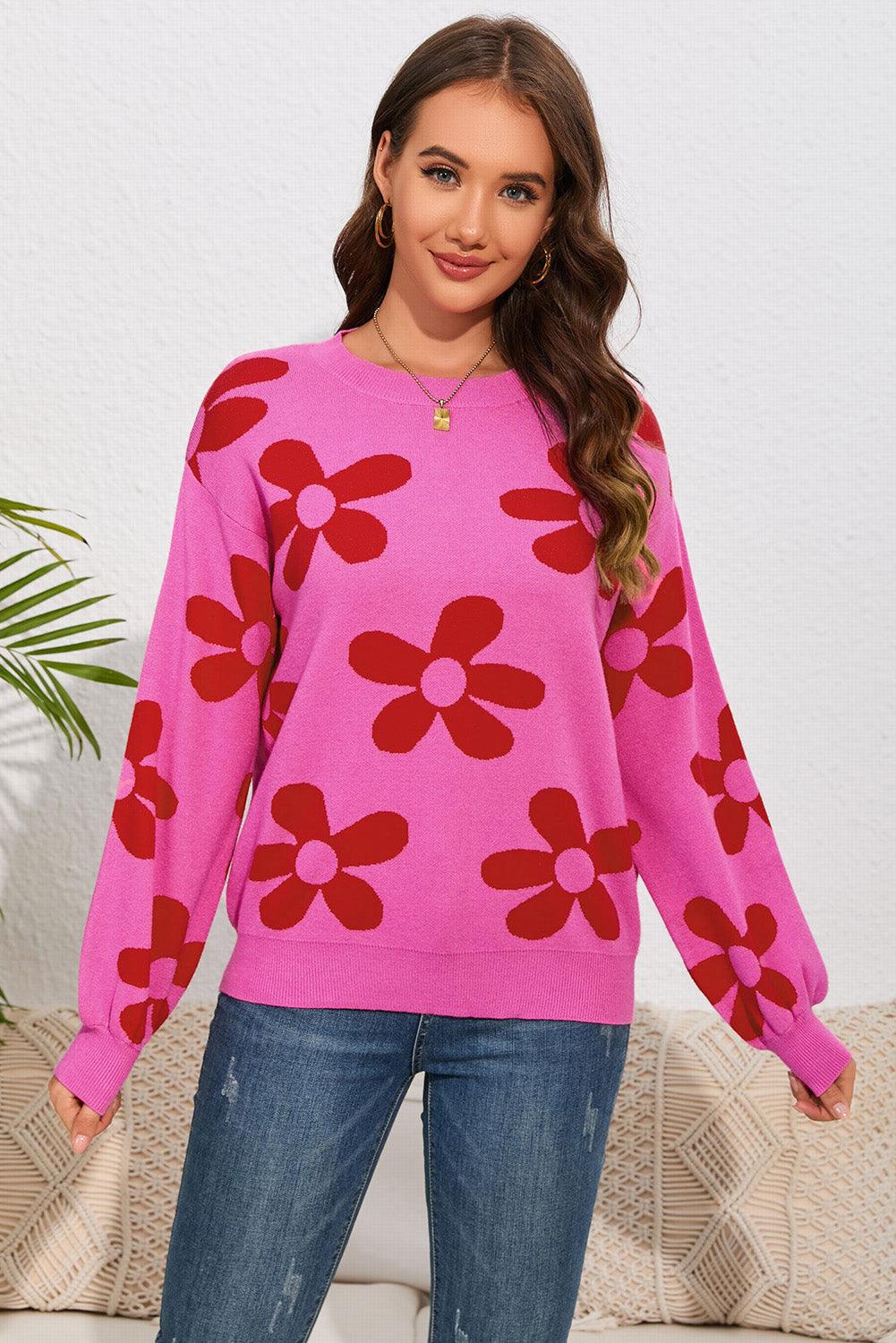 Rose Big Flower Knit Ribbed Trim Sweater - L & M Kee, LLC