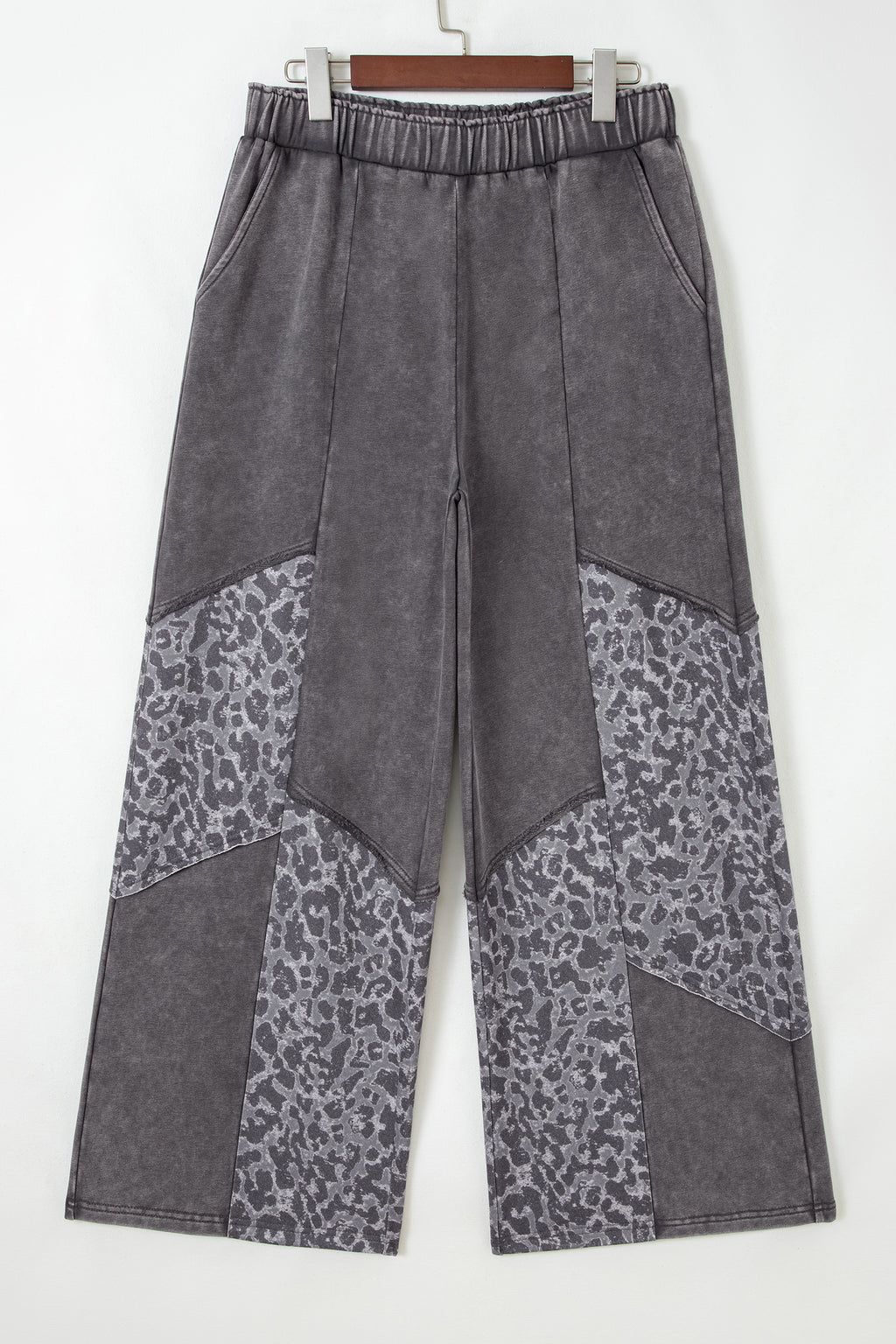 Dark Grey Mineral Wash Leopard Patchwork Loose Pants