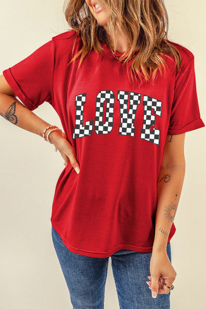 Red Checkered LOVE Letter Graphic Valentines T Shirt