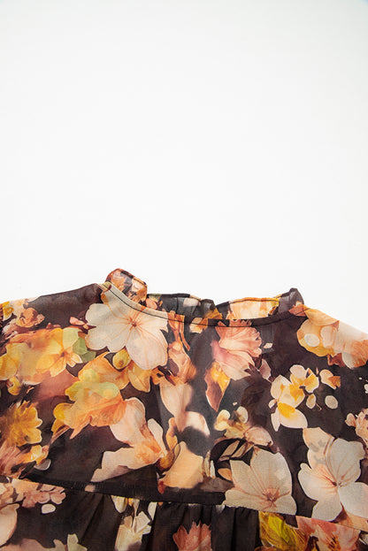 Black Floral V Neck Long Puff Sleeve Breezy Blouse