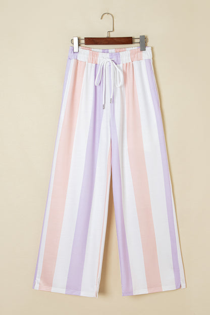 Purple Stripe Multicolored Print Drawstring Loose Pants with Side Pockets