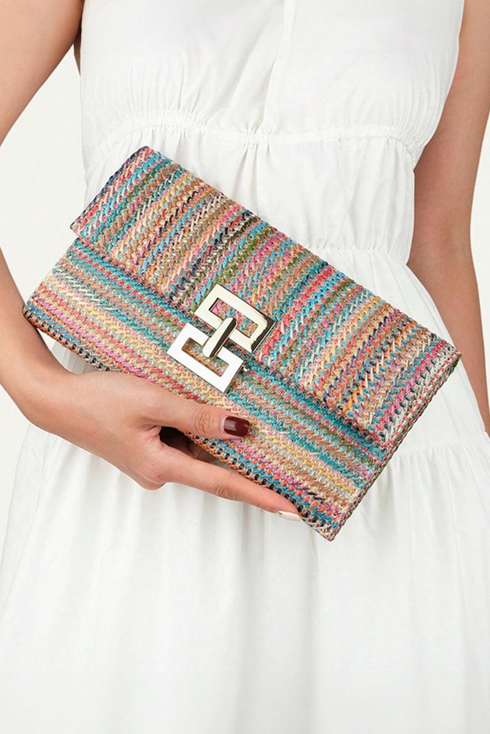 Multicolour Woven Metal Clasp Flap Handbag - L & M Kee, LLC