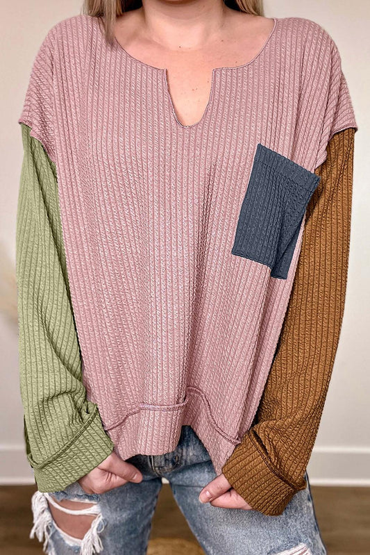 Pink Colorblock Rib Textured Loose Long Sleeve Top - L & M Kee, LLC