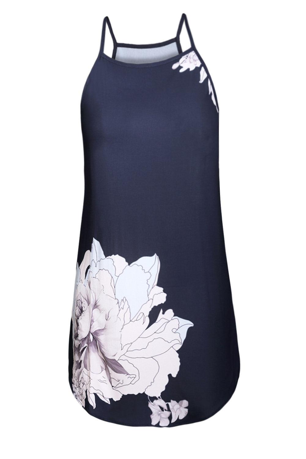 Blooming Peony Print Navy Sleeveless Dress - L & M Kee, LLC