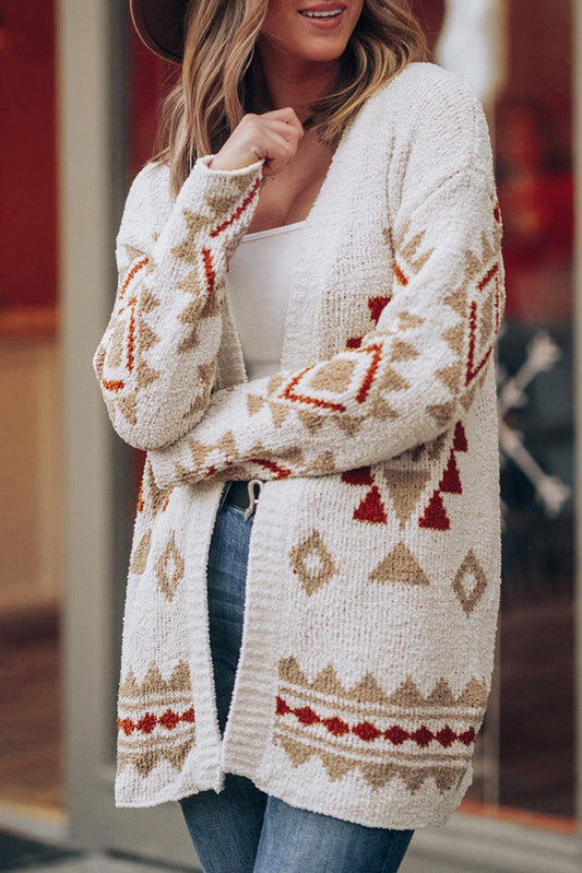 White Aztec Pattern Open Knitted Cardigan - L & M Kee, LLC