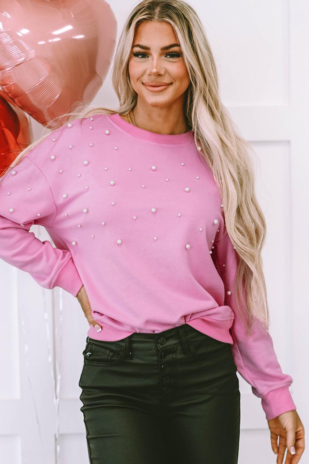 Bonbon Pearl Detail Ribbed Crew Neck Sweatshirt - L & M Kee, LLC