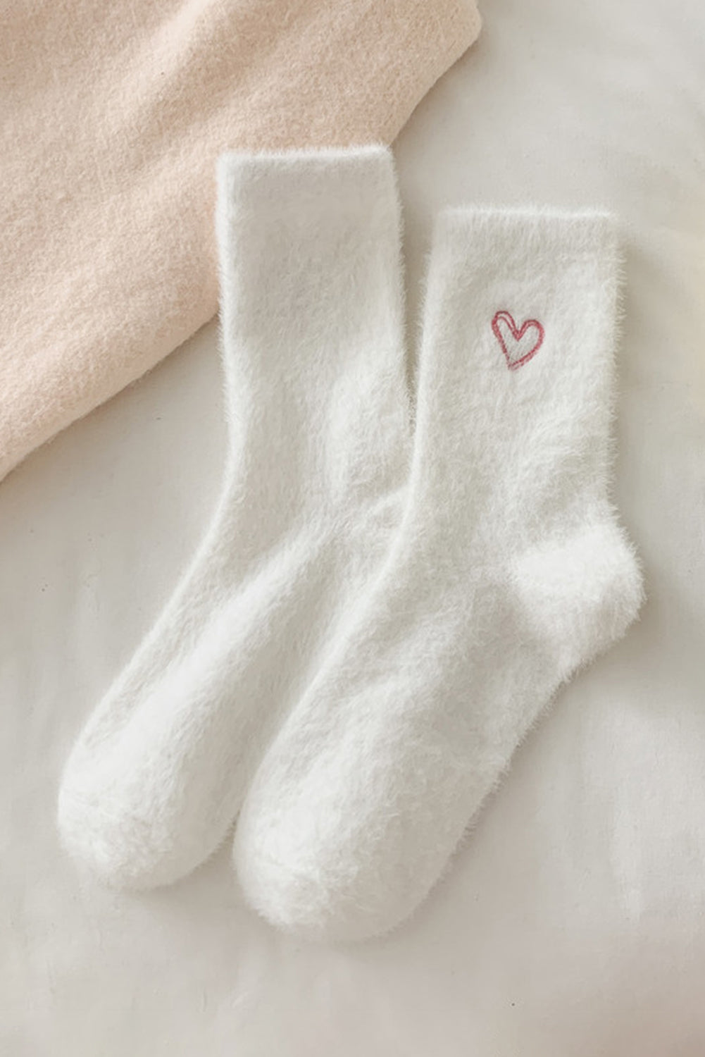 White Heart Embroidered Soft Thick Crew Socks