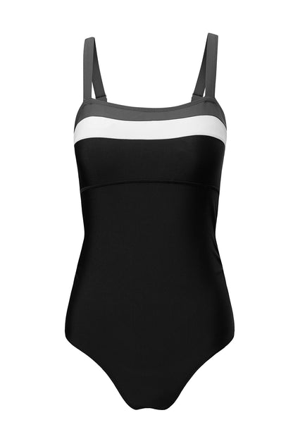 Black Color Block Detail Adjustable Straps One Piece Swimsuit