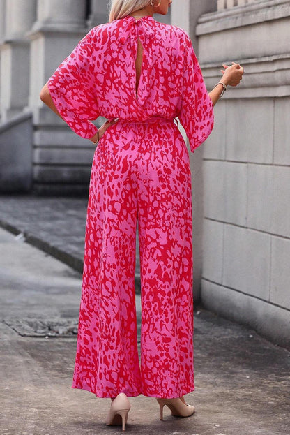 Rose Leopard Loose Sleeve Belted Wide Leg Jumpsuit - L & M Kee, LLC