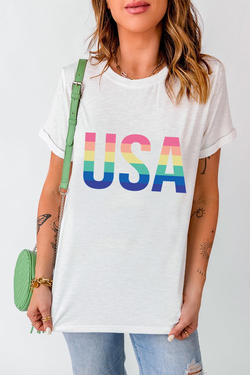 White Colorful USA Print Crewneck Casual T Shirt - L & M Kee, LLC