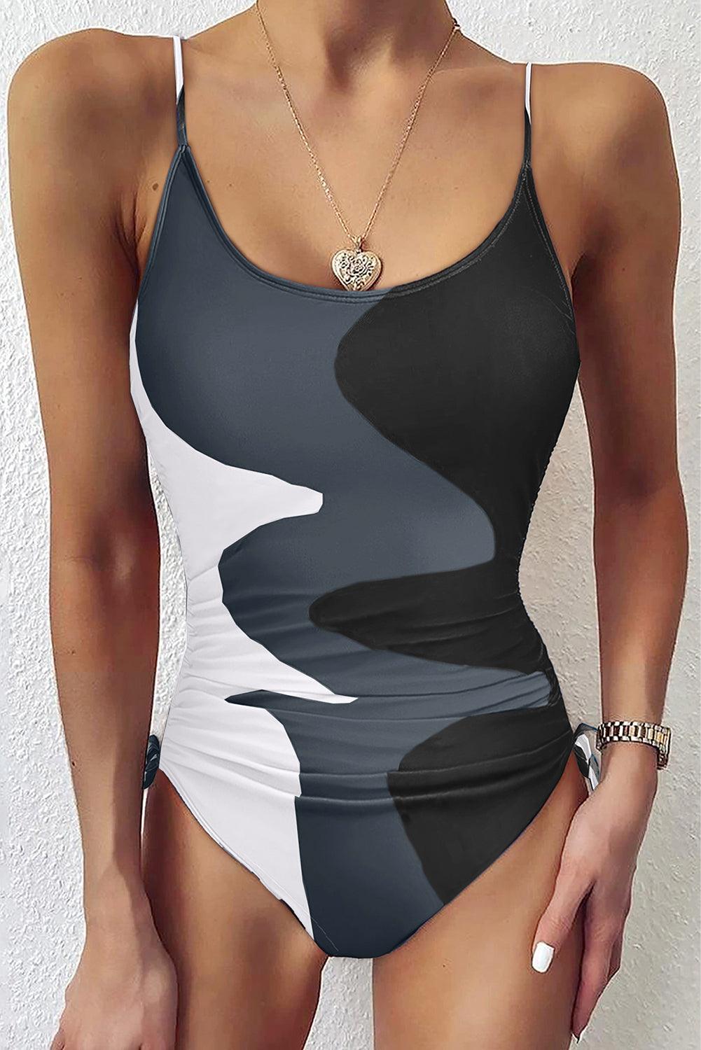 Rose Printed Color Block Drawstring Sides One Piece Swimsuit - L & M Kee, LLC