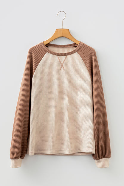 Camel Waffle Color Block Raglan Sleeve Top
