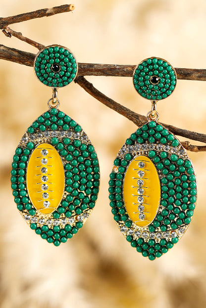 Dark Green Beaded Rhinestone Rugby Football Drop Earrings