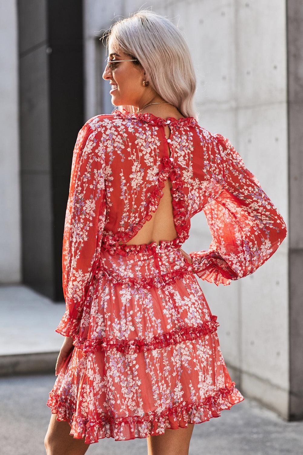 Red Ruffle Detailing Open Back Floral Dress - L & M Kee, LLC