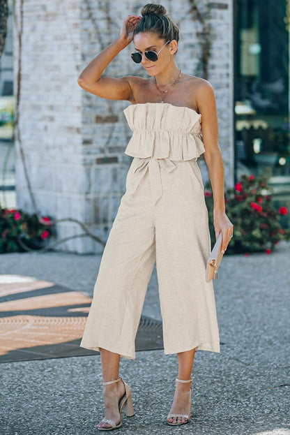 Beige Ruffled Strapless Wide Leg Jumpsuit - L & M Kee, LLC