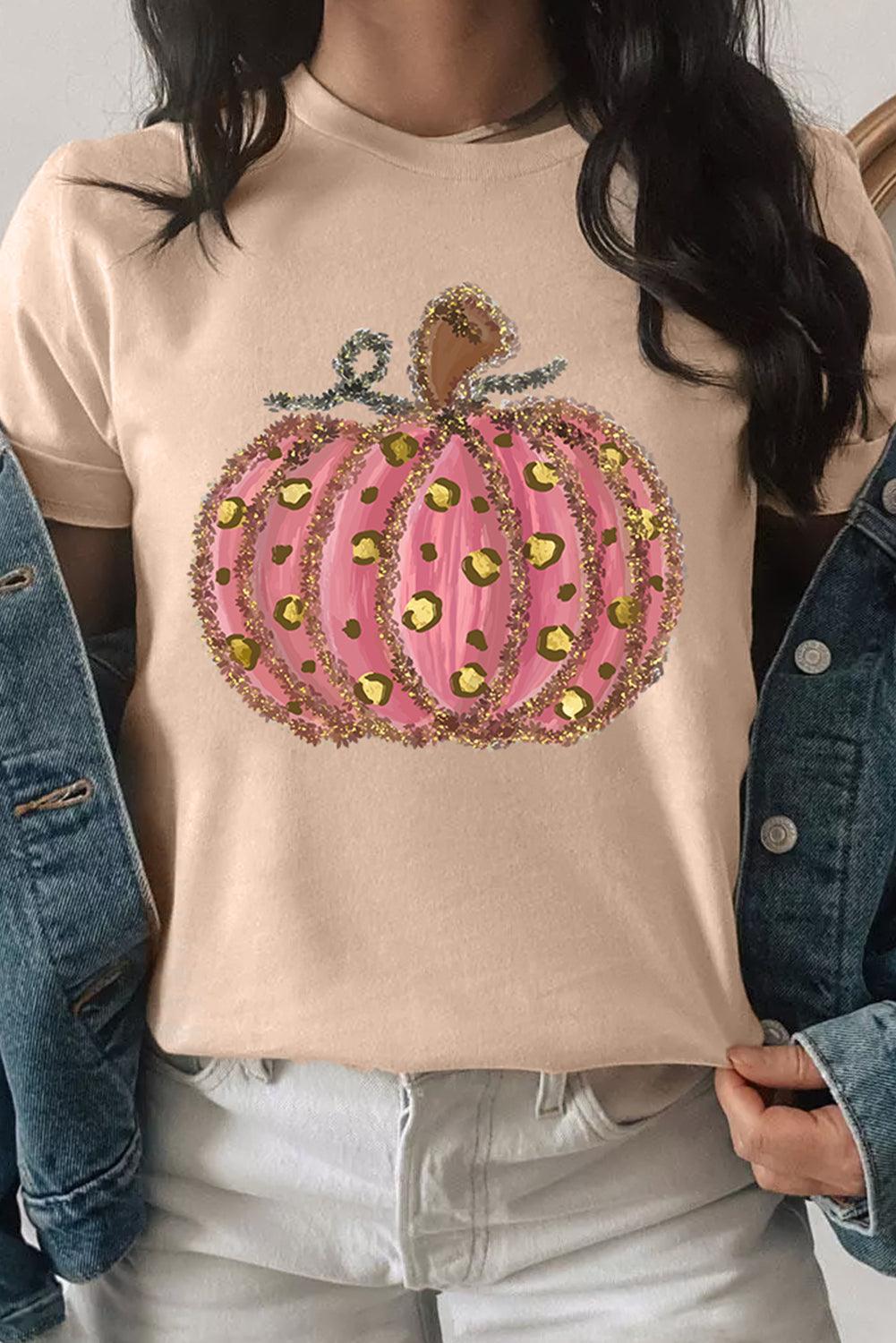 Khaki Cheetah Pumpkin Print Round Neck T Shirt - L & M Kee, LLC