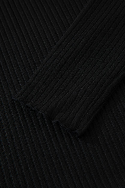 Black Lace Neckline Button Decor Lettuce Edge Long Sleeve Ribbed Top