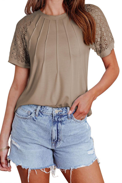 Pale Khaki Seamed Detail Contrast Lace Raglan Sleeve Tee - L & M Kee, LLC