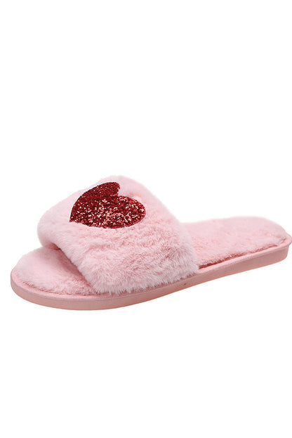 Pink Sequin Heart Shaped Slip On Plush Slippers - L & M Kee, LLC