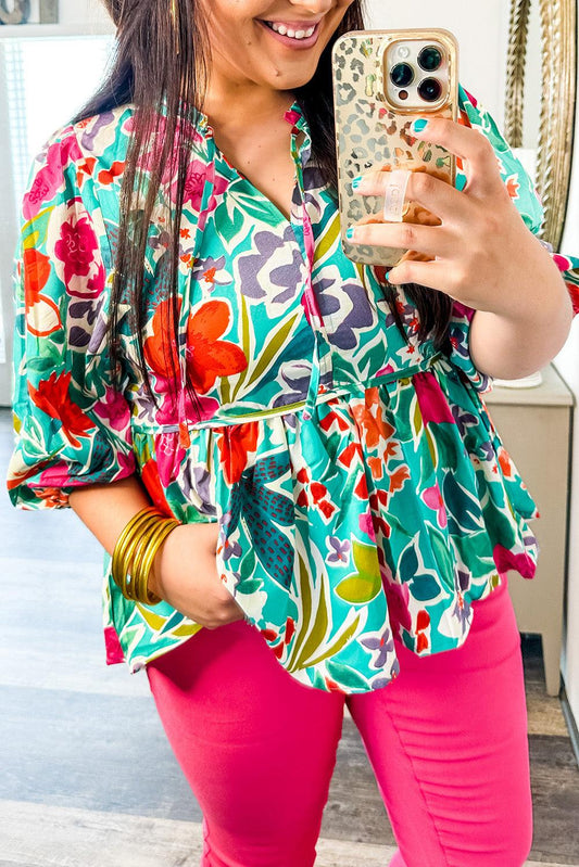 Multicolor Floral Tie Split Neck Plus Size Peplum Blouse - L & M Kee, LLC