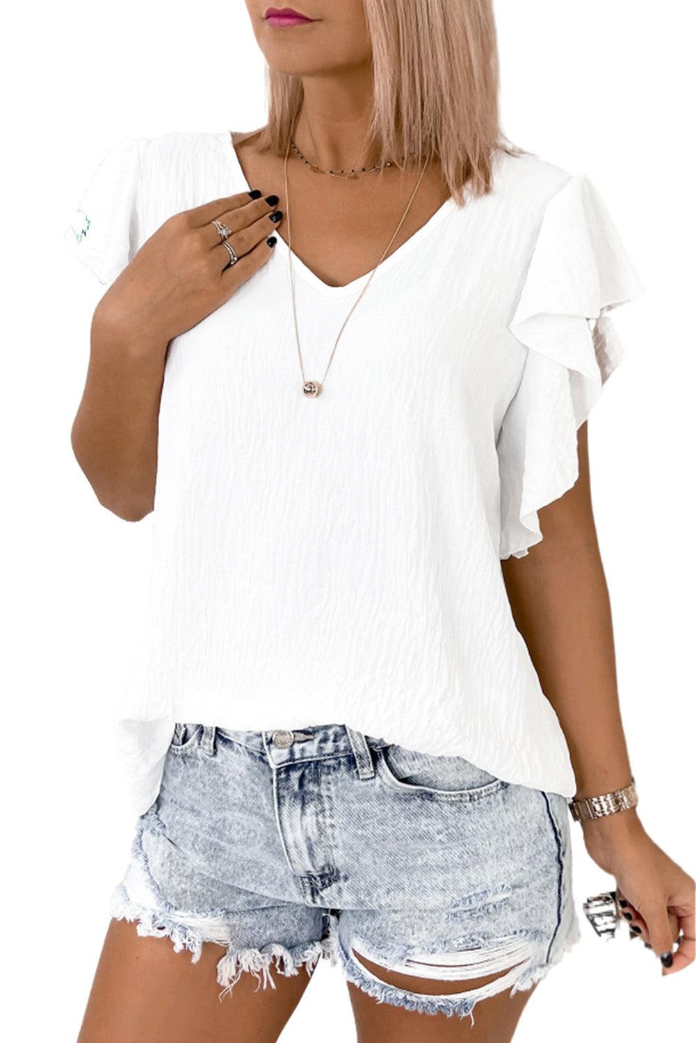 V Neck Ruffle Sleeve Loose Top - L & M Kee, LLC