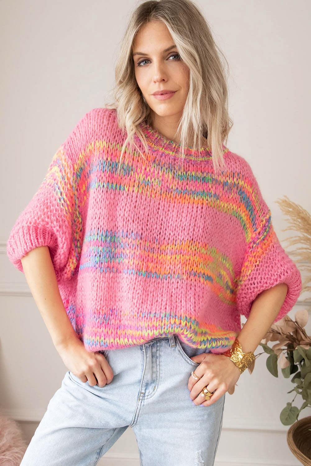 Colorful Stripes 3/4 Sleeve Loose Sweater - L & M Kee, LLC