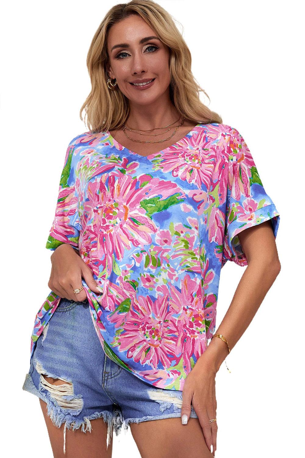 Pink Abstract Floral Print Notch V Neck Rolled Short Sleeve Blouse - L & M Kee, LLC