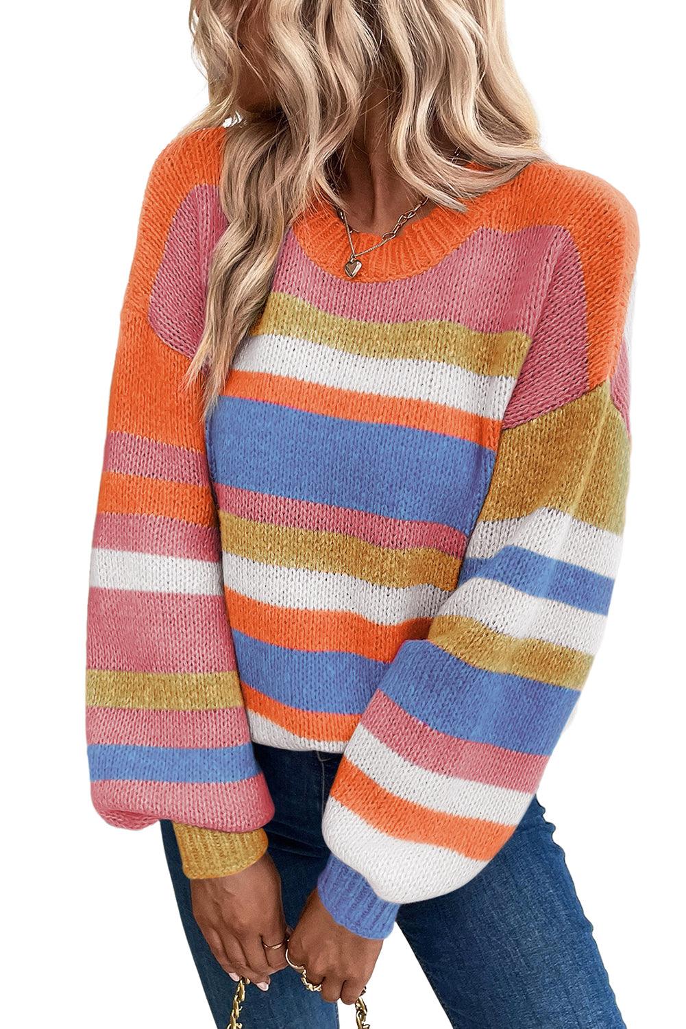 Multicolor Striped Knit Drop Shoulder Puff Sleeve Sweater - L & M Kee, LLC