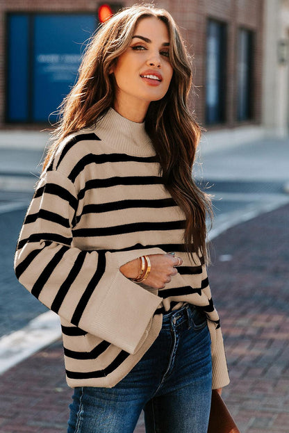 Khaki Striped Mock Neck Bell Sleeve Knit Sweater - L & M Kee, LLC