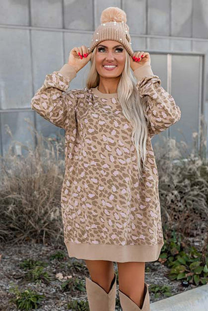 Parchment Leopard Print Side Pockets Long Sleeve Mini Dress - L & M Kee, LLC