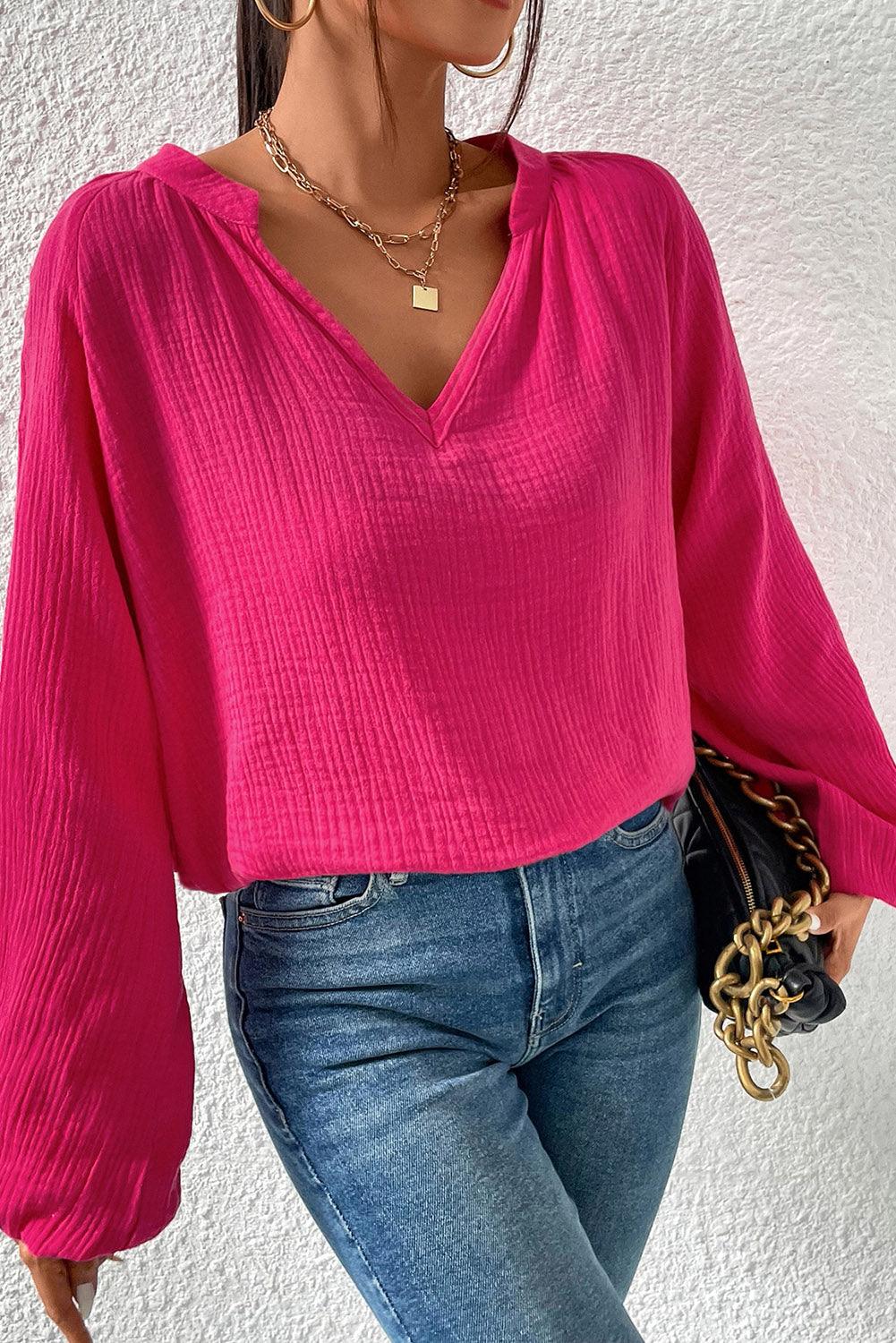 Crinkle Split Neck Puff Sleeve Blouse - L & M Kee, LLC