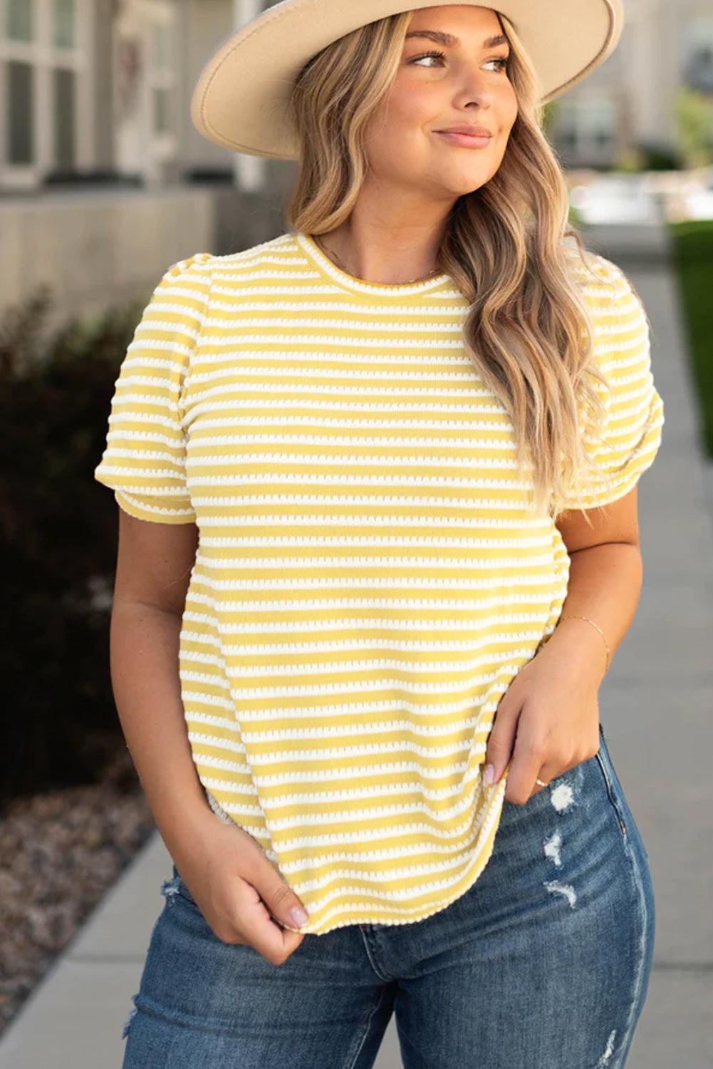 Yellow Stripe Short Puff Sleeve Plus Size Jumper - L & M Kee, LLC