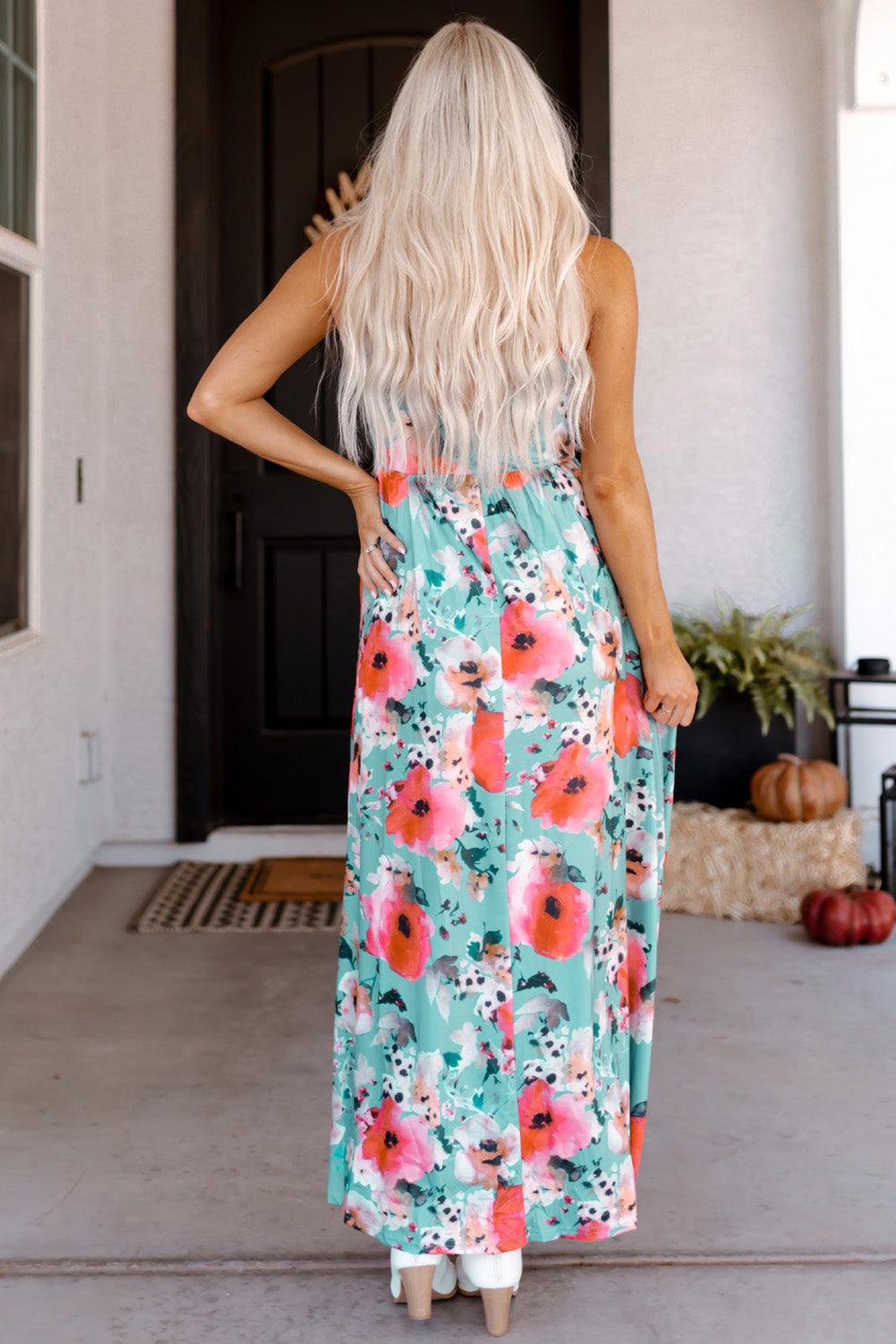 Boho Print Sleeveless High Waist Long Floral Dress - L & M Kee, LLC