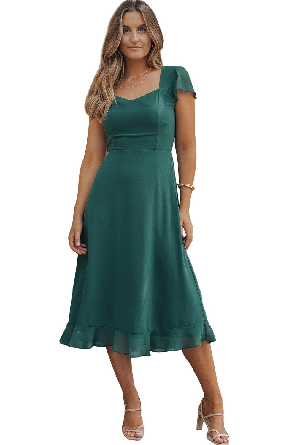 Sea Green Shirred Open Back Sweetheart Neck Ruffled Midi Dress - L & M Kee, LLC