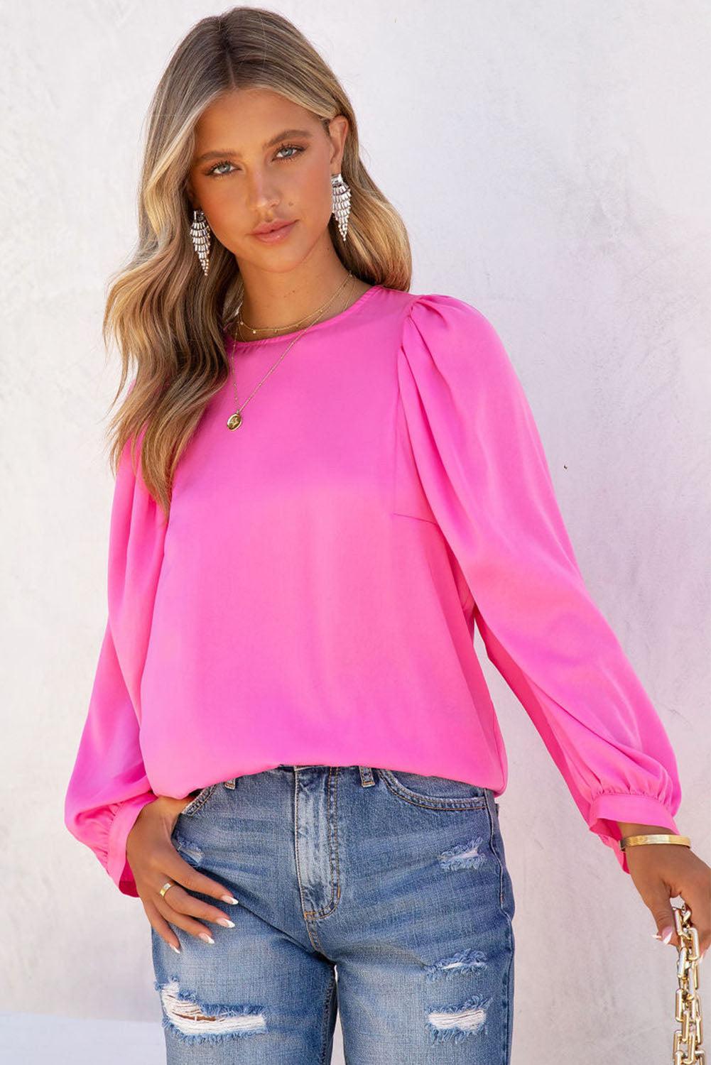 Satin Puff Long Sleeve Crewneck Blouse - L & M Kee, LLC