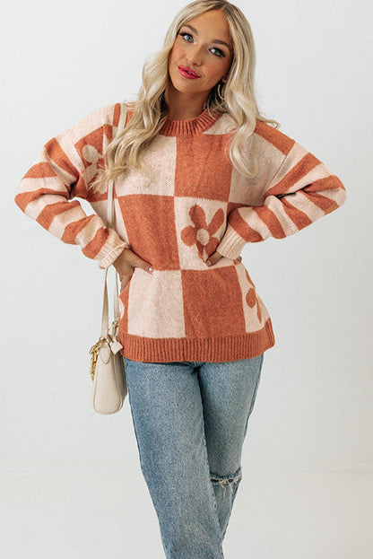 Brown Checkered Floral Print Striped Sleeve Sweater - L & M Kee, LLC