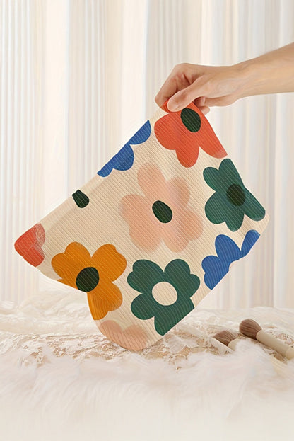 White Floral Print Corduroy Minimalist Storage Bag