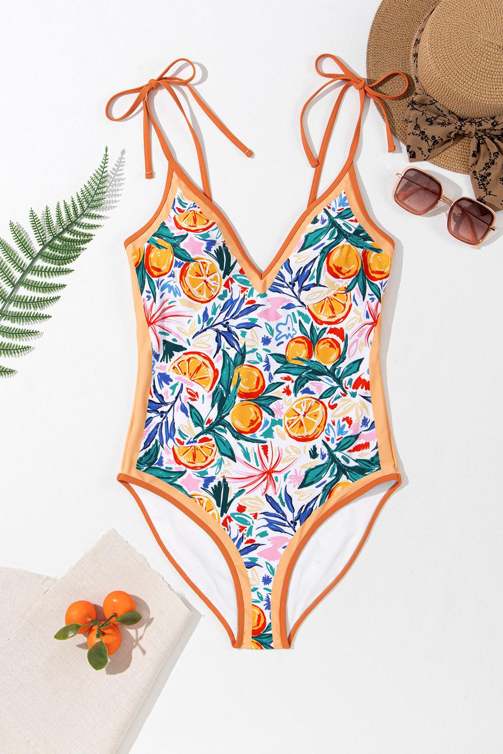 Orange Fruit Plant Print Tied Straps V Neck One Piece Swimsuit - L & M Kee, LLC