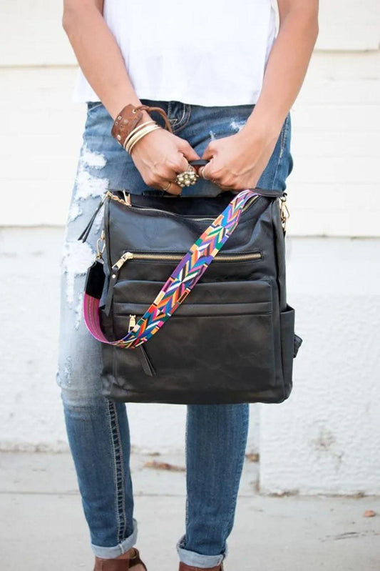 Color black Geometric Crochet Strap PU Leather Large Backpack - L & M Kee, LLC