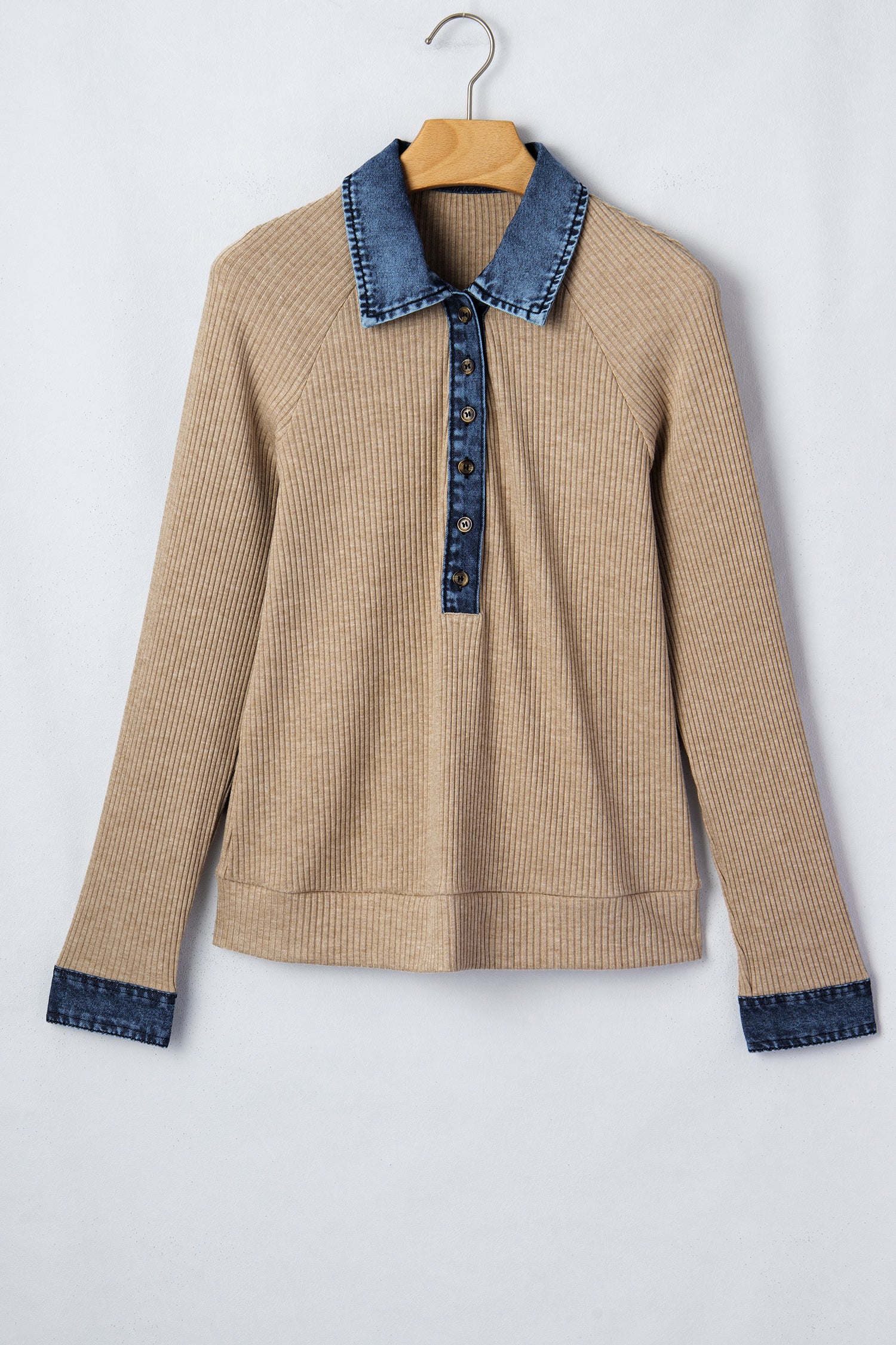 Beige Ribbed Knit Denim Patchwork Button Polo Collar Cuffed Long Sleeve Top