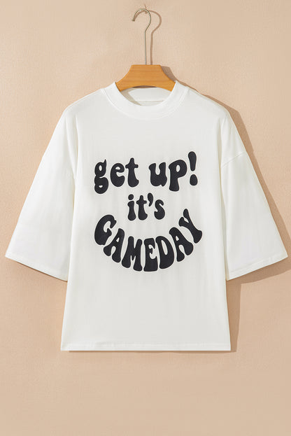 Beige GAME DAY Slogan Printed Half Sleeve Oversize T Shirt