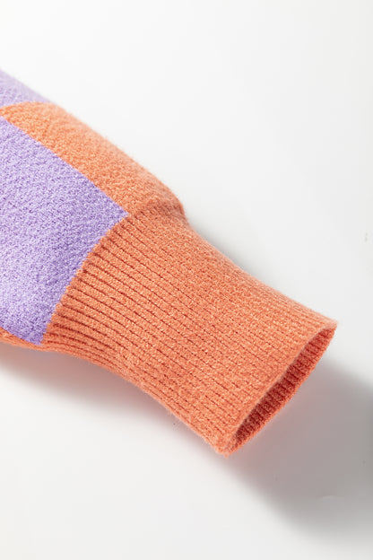 Grapefruit Orange Checkered Pattern Ribbed Trim Knit Baggy Sweater