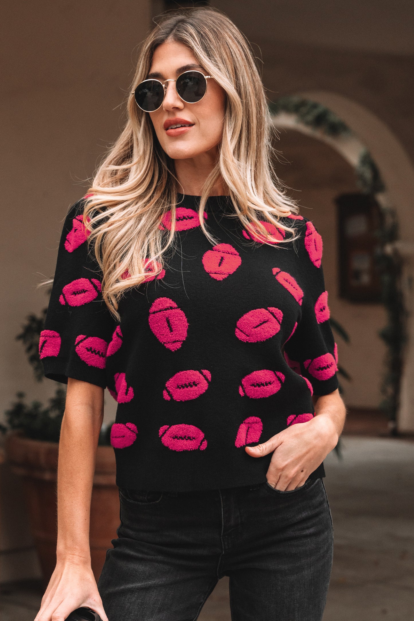 Black Rugby Print Casual Knit Short Sleeve Sweater