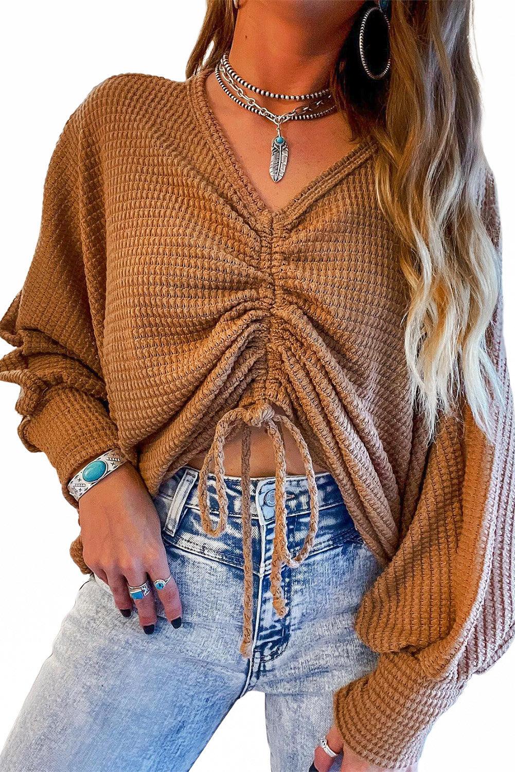 V-Neck Drawstring Dolman Sleeve Waffle Knit Top - L & M Kee, LLC