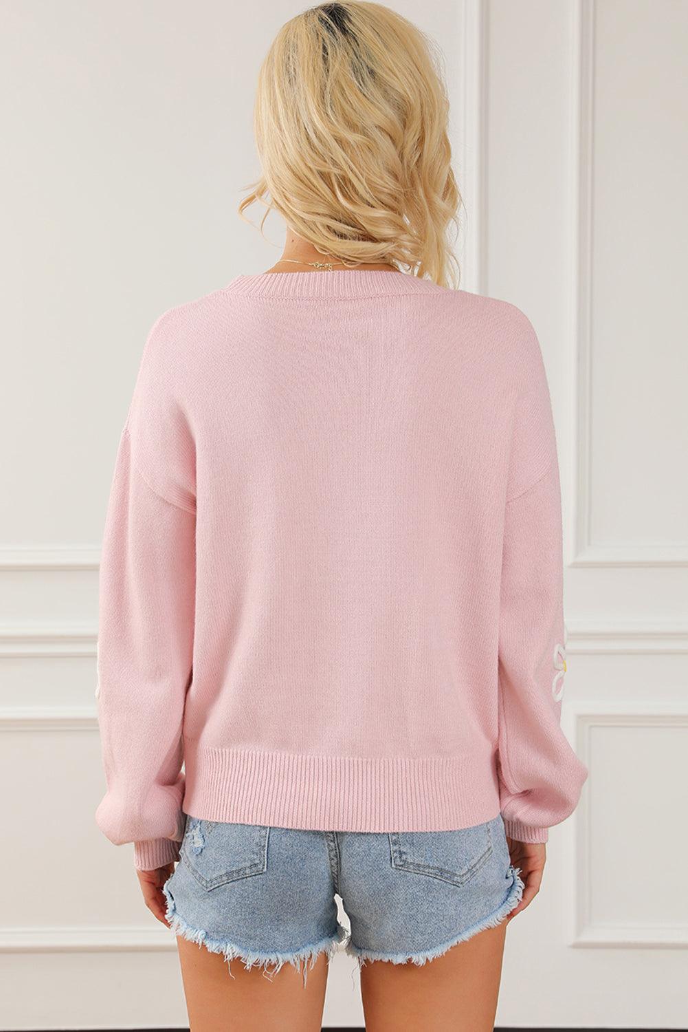 Pink Chenille Daisy Stitching Crew Neck Sweater - L & M Kee, LLC