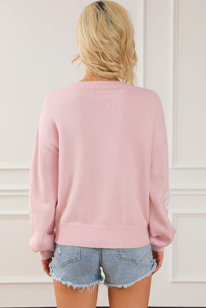 Pink Chenille Daisy Stitching Crew Neck Sweater - L & M Kee, LLC