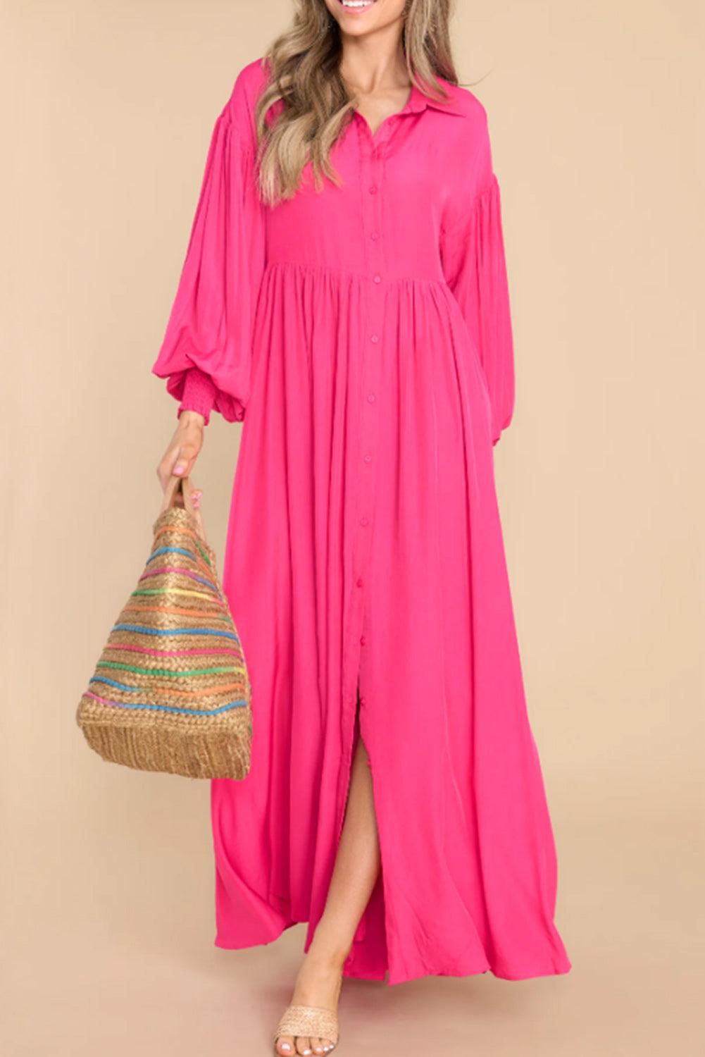 Rose Bubble Sleeve Shirt Maxi Dress - L & M Kee, LLC