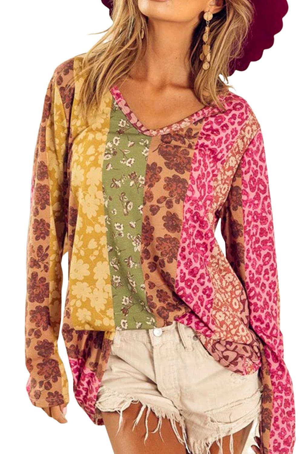 Multicolor Floral Leopard Mixed Print V Neck Long Sleeve Tee - L & M Kee, LLC