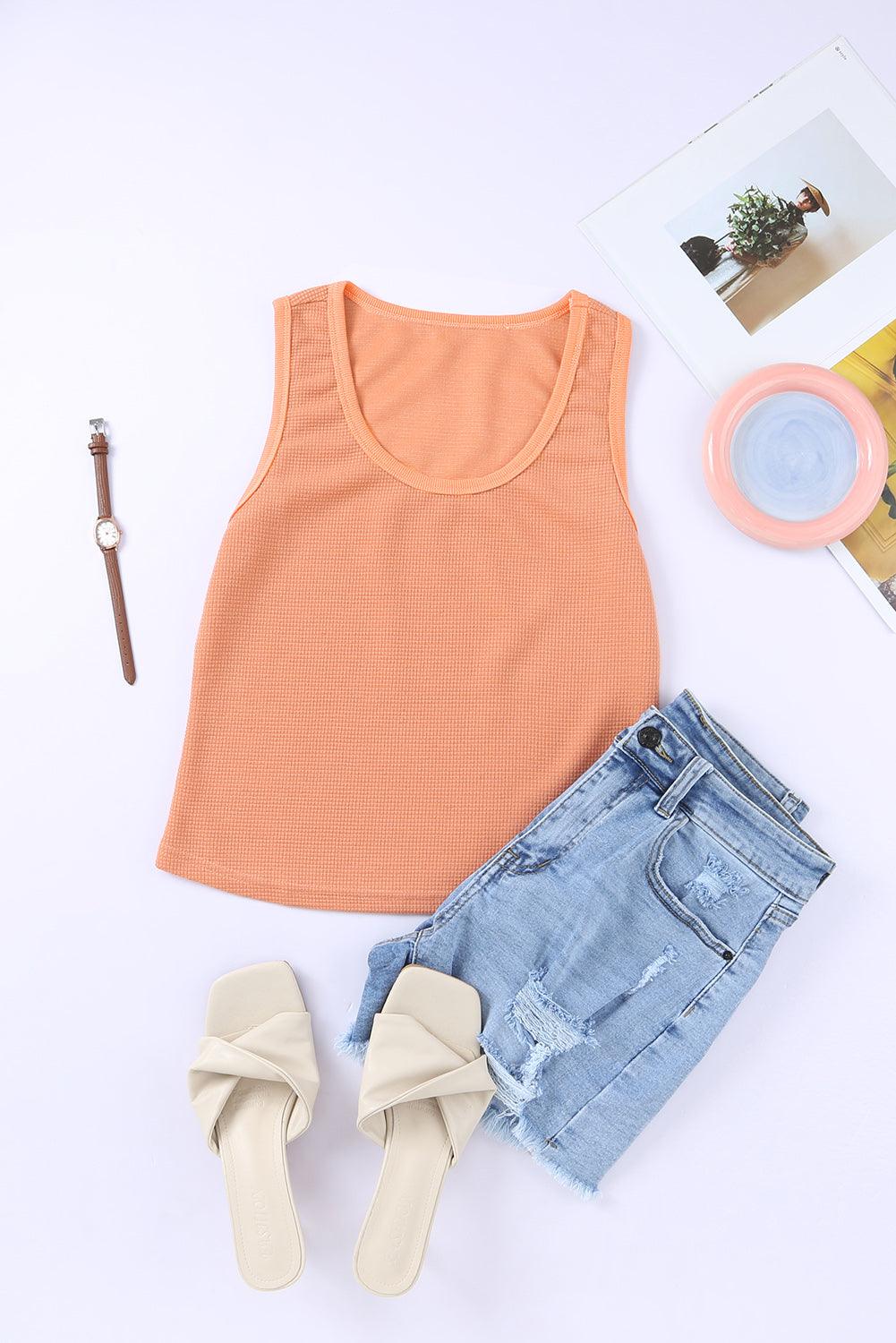 Plain Waffle Knit U Neck Tank Top - L & M Kee, LLC