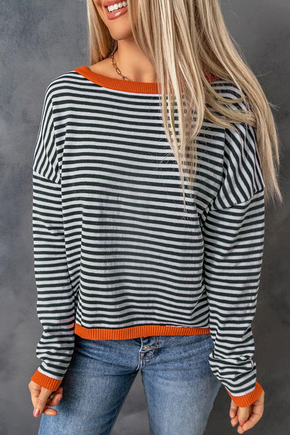 Brown Contrast Trimmed Striped Drop Shoulder Sweater - L & M Kee, LLC